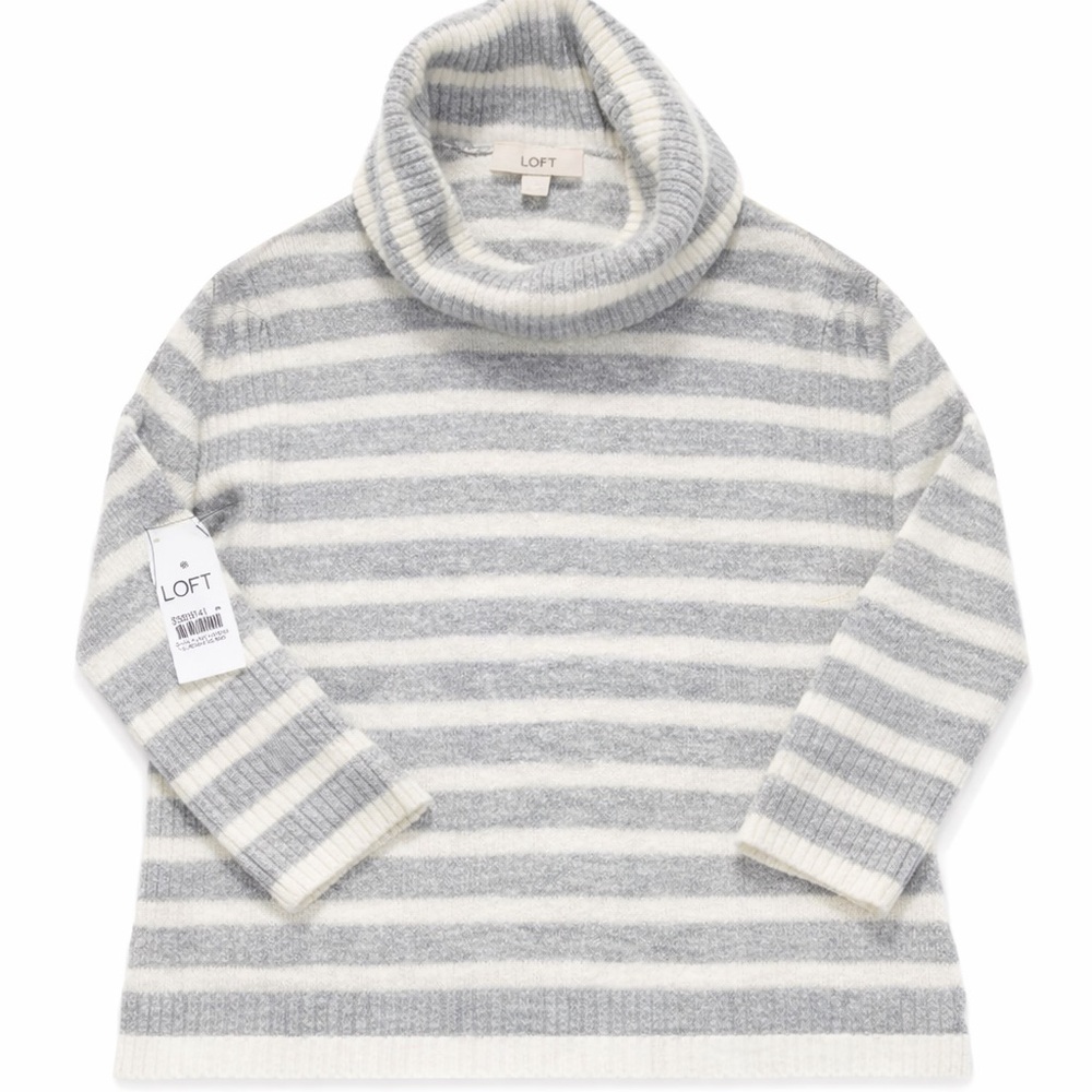 Ann Taylor Neutral Striped Turtleneck Sweater Oversized Cozy Soft Preppy Tunic